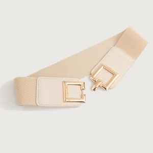 Elegant beige wide elastic waist belt for women featuring a stylish gold square buckle