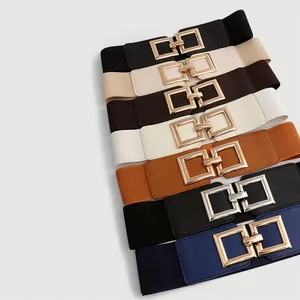 Fashionable women's wide elastic waist belt with elegant gold square buckles in various colors