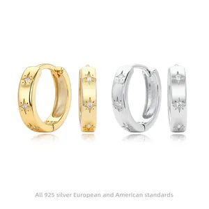 Octagram Star Hoop Earrings 925 Sterling Silver With Cubic Zirconia Inlay Minimalist Chic Niche Jewelry For Women