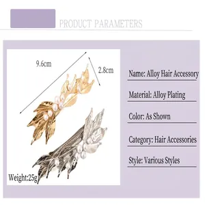 Detailed view showing the leaf-shaped alloy hair clip with elegant pearl accents