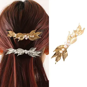 Elegant Leaf Shape Alloy Hair Clip With Faux Artificial Pearl Accents Gold Silver Plated Fashion Spring Clip Hair Accessories For Women