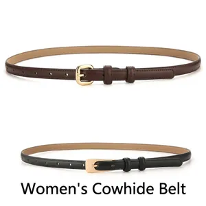 Detailed view of slim genuine leather belts for women in black and brown colors.