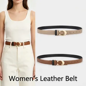 Minimalist women's genuine leather belt in brown and tan colors with C-shape buckle