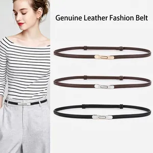 Set of slim genuine leather belts for women featuring minimalist oval metal buckles