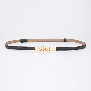 Elegant slim black leather belt with pearl decorative buckle for women's dresses