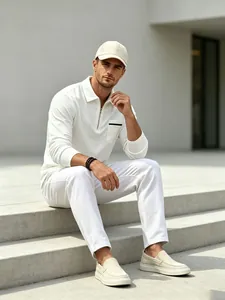 Polo blanc à manches longues pour homme avec fermeture éclair et poche de poitrine