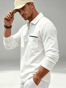 Polo blanc décontracté à manches longues pour hommes avec col zippé élégant et poche