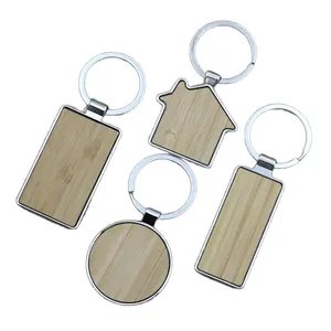 Custom zinc alloy and bamboo wood keychain set in various geometric shapes