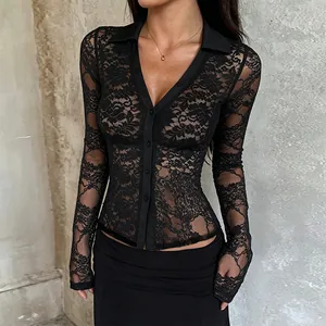 Sexy Lace Sheer Blouse V Neck Long Sleeve Button Down Slim Fit Solid Color Streetwear Top For Women