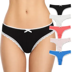 Women Low Waist Thong Cotton Ribbed Underwear With White Lace Trim And Bow Breathable Comfort Soft Panties