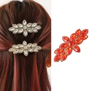 Luxury Alloy Rhinestone Flower Leaf Hair Clip Vintage Spring Clip For Women Bridal Wedding Party Elegant Hair Accessories