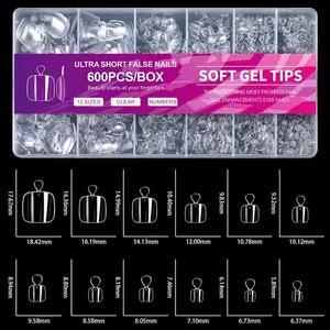 Detaillierte Größentabelle mit 12 Größen für 600 Stück ultra-kurze klare Softgel-Tips