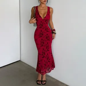 Robe Longue Femme Imprime Fleuri Col En V Sans Manches Coupe Ajustee Taille Haute Mesh Dentelle Elegant Mode Ete