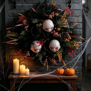Halloween Horror Wreath With Bloody Baby Heads Black Mesh Spiders Gothic Creepy Front Door Wall Party Decoration