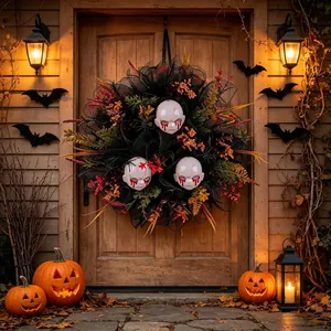 Creepy Halloween wreath with bleeding doll heads and autumn leaves on wooden door