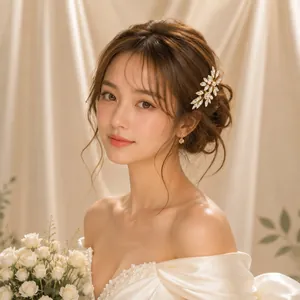 Vista dettagliata di un'elegante fermaglio per capelli da sposa con strass e perle su una modella.