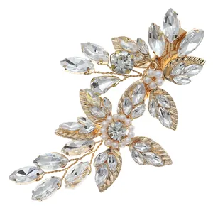 Elegante fermaglio per capelli da sposa dorato con strass e perle per matrimoni e serate