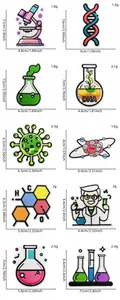 Embroidered science experiment patches set with detailed size measurements and weights