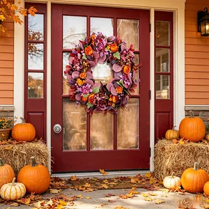 Autumn Thanksgiving wreath featuring purple peonies and hydrangeas for porch decor