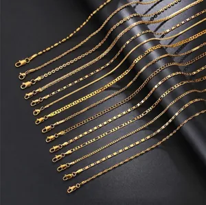 Detailed display showing fourteen unique styles of gold-plated stainless steel necklaces