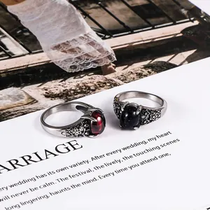 Vintage floral stainless steel gemstone rings with red and blue oval stones for couples