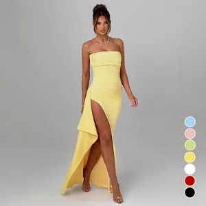 Sexy Ruched Tube Top Maxi Dress For Women European Style Side High Slit Irregular Bodycon Evening Party Dress