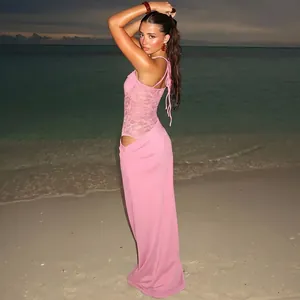 Stylish pink lace splice strappy maxi dress featuring sheer and hollow out details