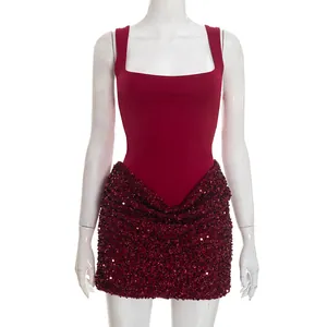 Robe Mini Moulante Sexy à Paillettes pour Femmes Patchwork Col Carré Sans Manches Coupe Slim Soirée Cocktail Bordeaux Noir
