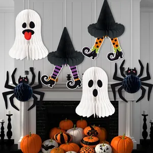 Detailed view of 3D Halloween hanging honeycomb ornaments featuring ghosts and spiders