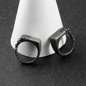 Vintage men's stainless steel signet ring with textured hip hop style finish