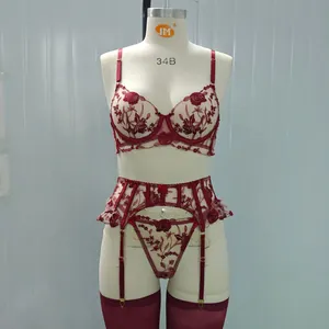 Dettaglio di ricamo floreale rosso su set lingerie in rete rosa con giarrettiera