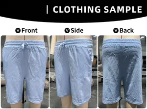 Three-view display of light blue linen casual shorts for men in detail