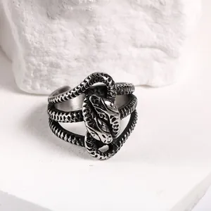 Vintage Double Headed Snake Wrap Ring For Men Punk Gothic Titanium Steel Stainless Steel Animal Statement Finger Ring Jewelry