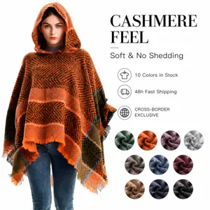 Women Hooded Poncho Cape Polyester Knitted Herringbone Pattern Retro Tassel Wrap Autumn Winter Warm Shawl Outerwear