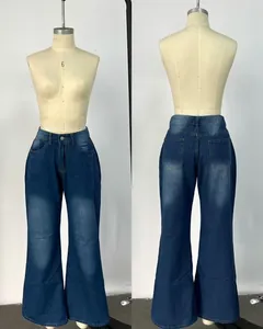 Front and back view of high-waisted wide-leg blue denim trousers on a mannequin