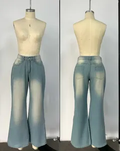 Front and back view of vintage high-waist flared wide-leg jeans in light blue wash