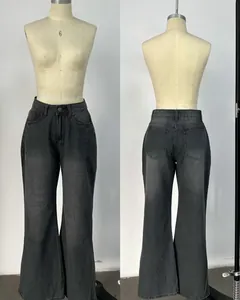 Front and back view of vintage high-waisted wide-leg denim floor-length jeans for women