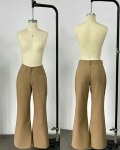 Front and back view of high-waisted khaki wide-leg flared denim trousers for women.