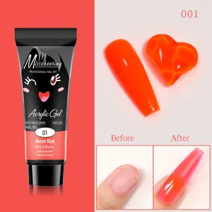 Neon red acrylic gel for professional nail extensions, 15ml tube with before and after effect