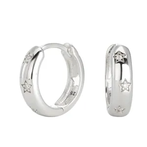 Elegant S925 sterling silver hoop earrings with star motifs and zircon stone inlays