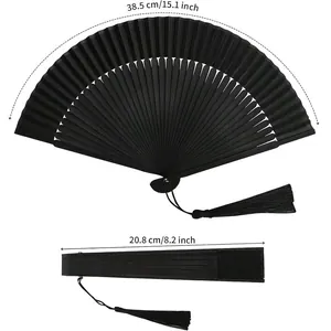 Detailed dimensions for the black folding fan showing 15.1 inch open width and 8.2 inch length