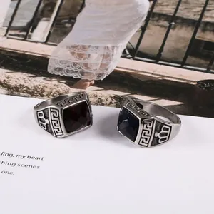 Retro Men Signet Ring Stainless Steel Square Blue Sandstone Red Stone Greek Key Meander Pattern Polished Jewelry