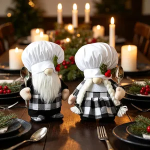 Chef Gnome Faceless Doll Plush Ornament White Hat Red Berries Black White Plaid Kitchen Table Decor Festive Figurines