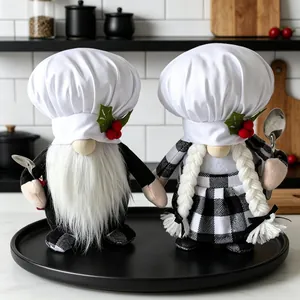 Handmade plush chef gnomes kitchen decor dolls with white hats and checkered aprons set of 2