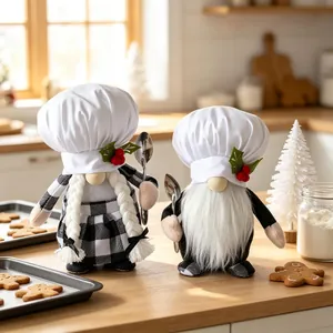 Festive chef gnome plush dolls set with checkered apron and chef hats for kitchen decor