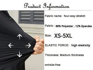 High stretch men's business shirt detail showing four-way stretch fabric and size info