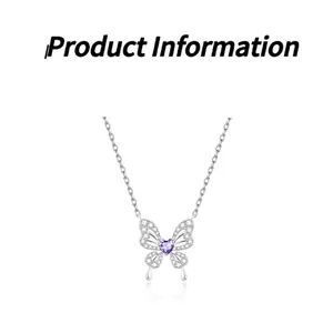 Close-up of elegant silver butterfly necklace with purple heart gemstone pendant