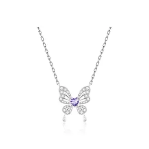 Exquisite silver butterfly necklace with purple heart-shaped stone and crystal accents