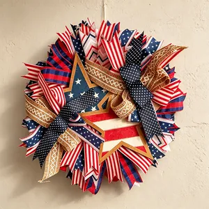 Couronne Patriotique Jour de l'Indépendance Avec Rubans Étoiles et Rayures Étoile en Bois Décoration pour Porte d'Entrée Maison