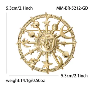 Vue détaillée d'une broche soleil en alliage doré avec dimensions et poids.